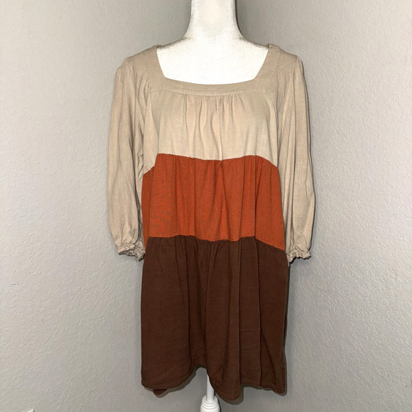 Umgee Tiered Dress Women’s 2XL Colorblock Linen Square Neck 3/4 Ruffle Sleeve - Picture 1 of 9